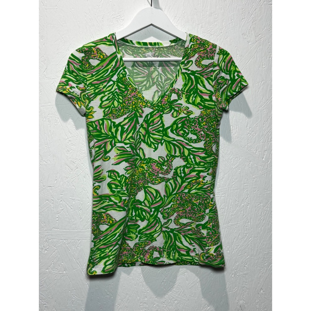 Lilly Pulitzer Etta‎ V-Neck T-Shirt Green Pink Tropical Palm Print Cotton XS